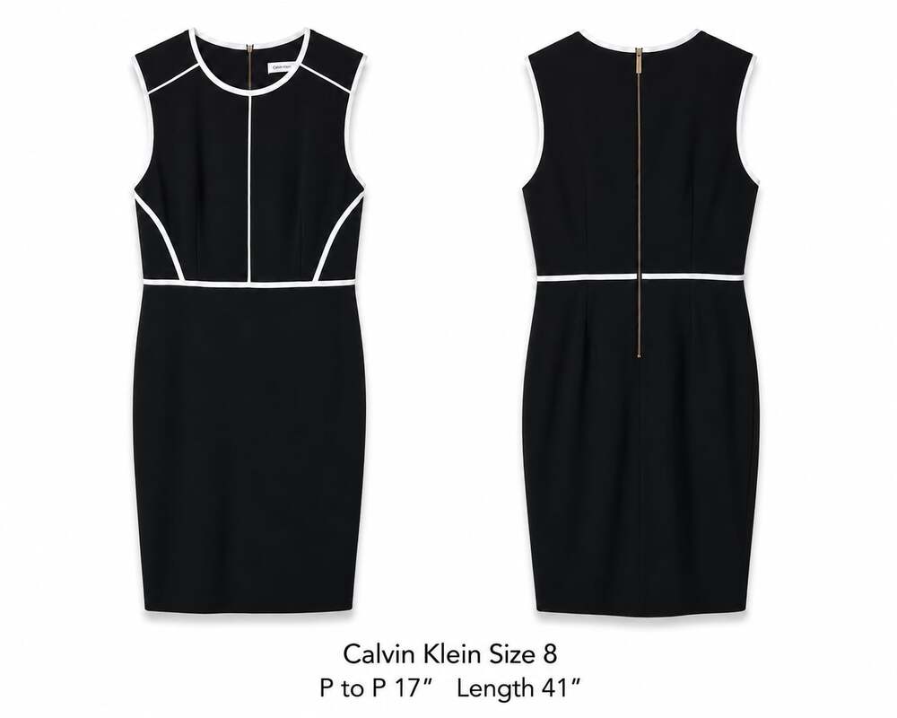 Calvin Klein Black Sleeveless Sheath Dress with White Piping and Back Zip